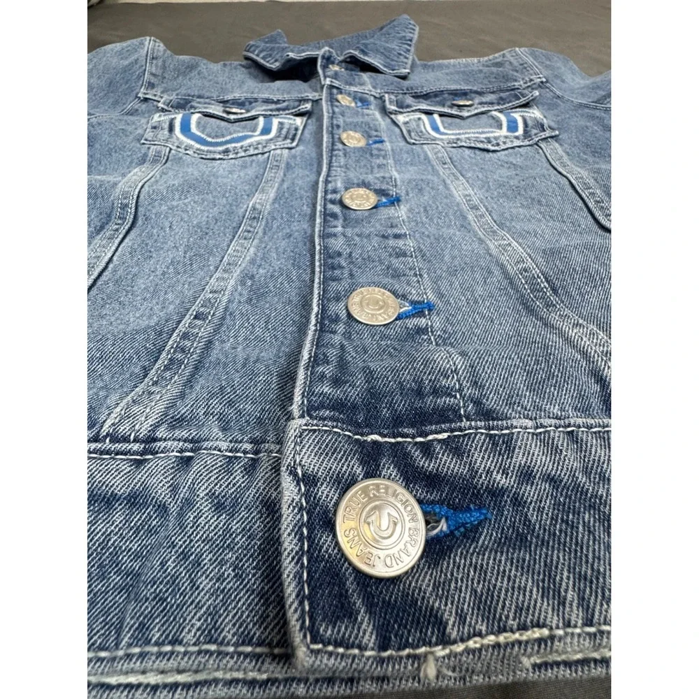 True Religion Mens Applique SN Denim Jacket Light Pacific Wash 701192 Small NWT